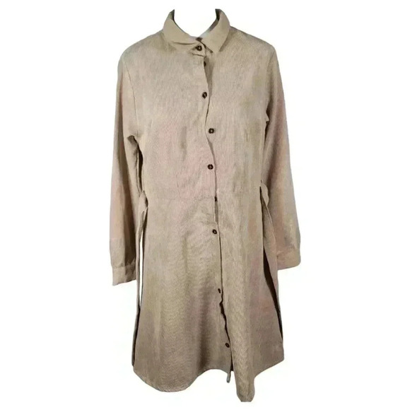 Love Crazy Corduroy Button Down Belted Long Sleeve Dress Tan Size M Winter Fall - Picture 7 of 11